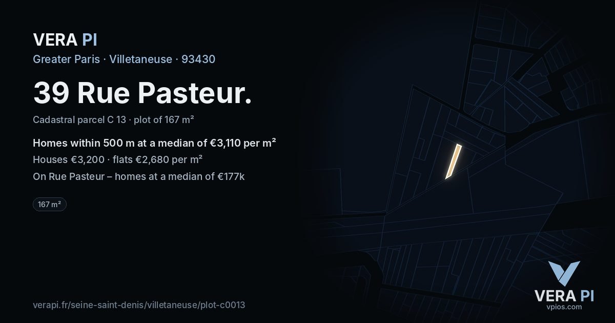 39 Rue Pasteur, Villetaneuse at night – the plot lit, the parcels around coloured by the prices near them
