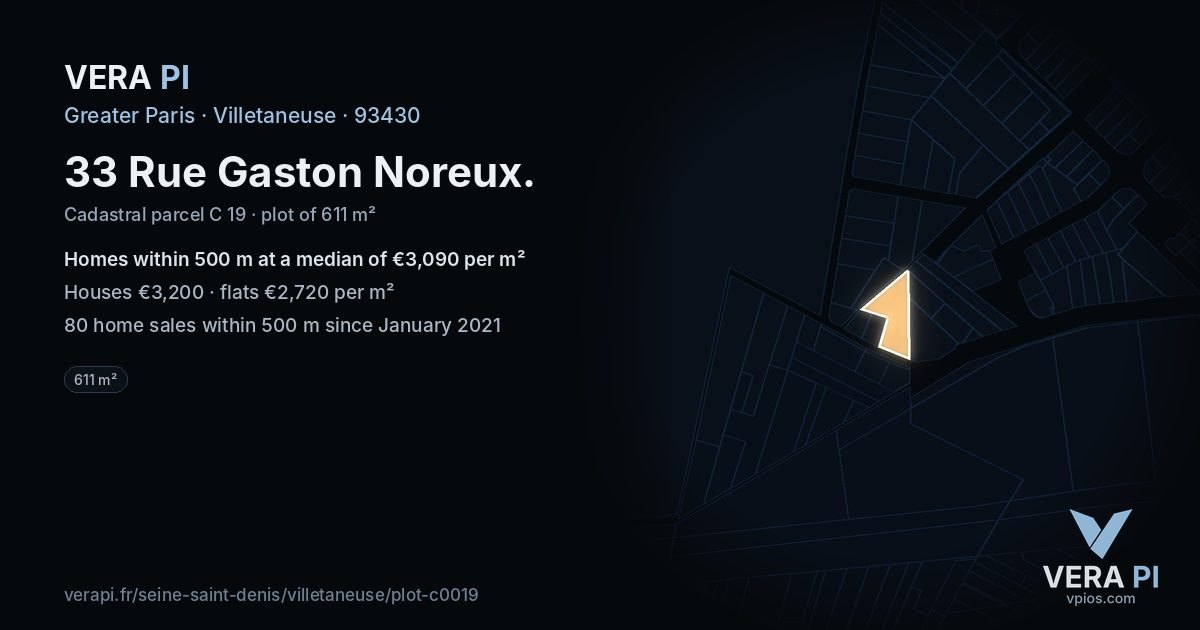 33 Rue Gaston Noreux, Villetaneuse at night – the plot lit, the parcels around coloured by the prices near them