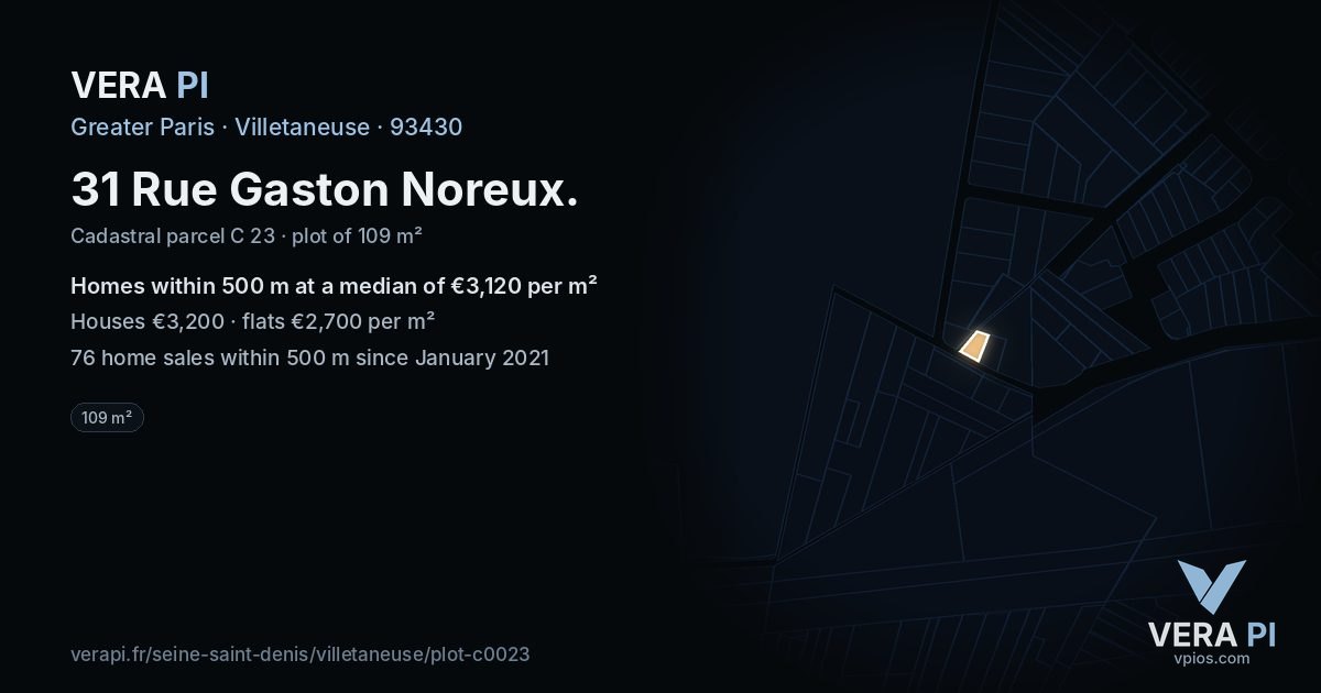 31 Rue Gaston Noreux, Villetaneuse at night – the plot lit, the parcels around coloured by the prices near them