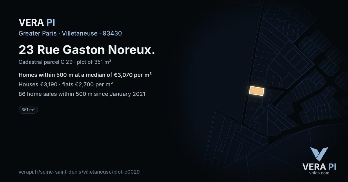 23 Rue Gaston Noreux, Villetaneuse at night – the plot lit, the parcels around coloured by the prices near them