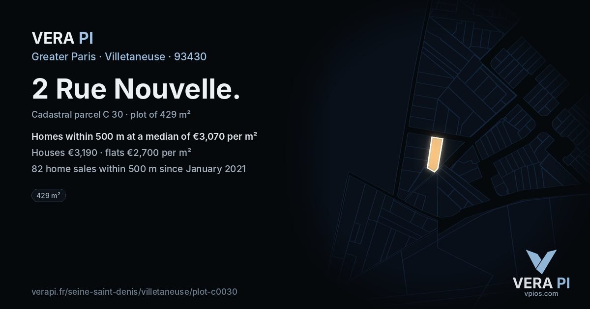 2 Rue Nouvelle, Villetaneuse at night – the plot lit, the parcels around coloured by the prices near them