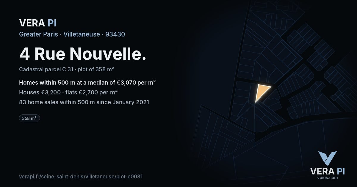 4 Rue Nouvelle, Villetaneuse at night – the plot lit, the parcels around coloured by the prices near them