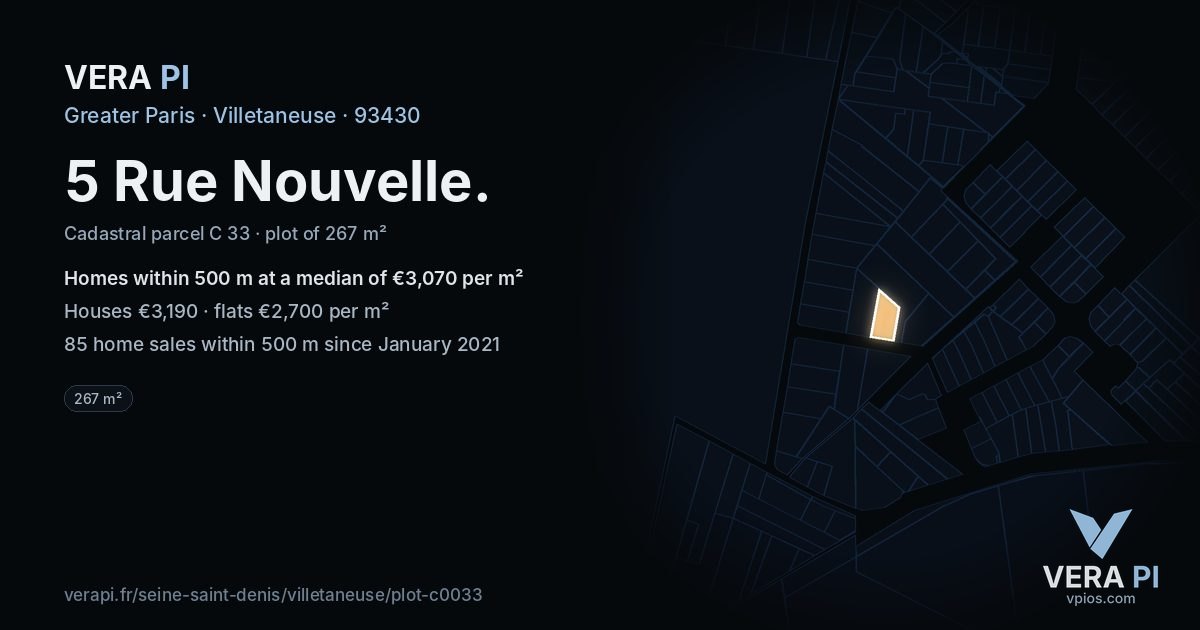 5 Rue Nouvelle, Villetaneuse at night – the plot lit, the parcels around coloured by the prices near them
