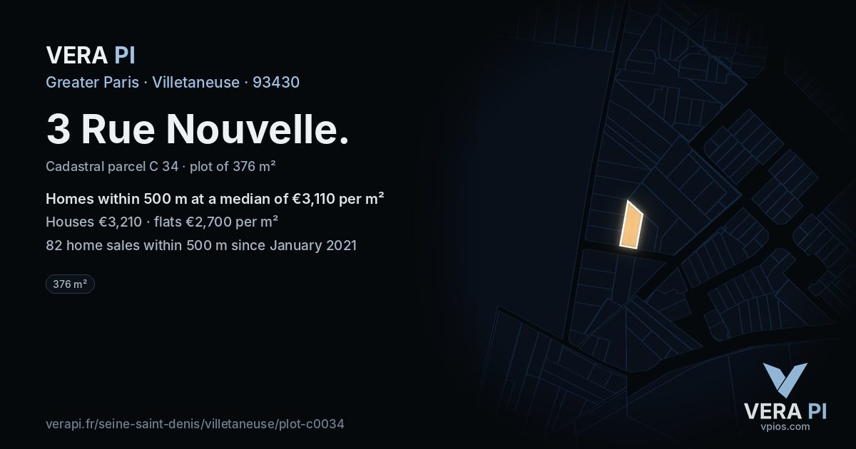 3 Rue Nouvelle, Villetaneuse at night – the plot lit, the parcels around coloured by the prices near them