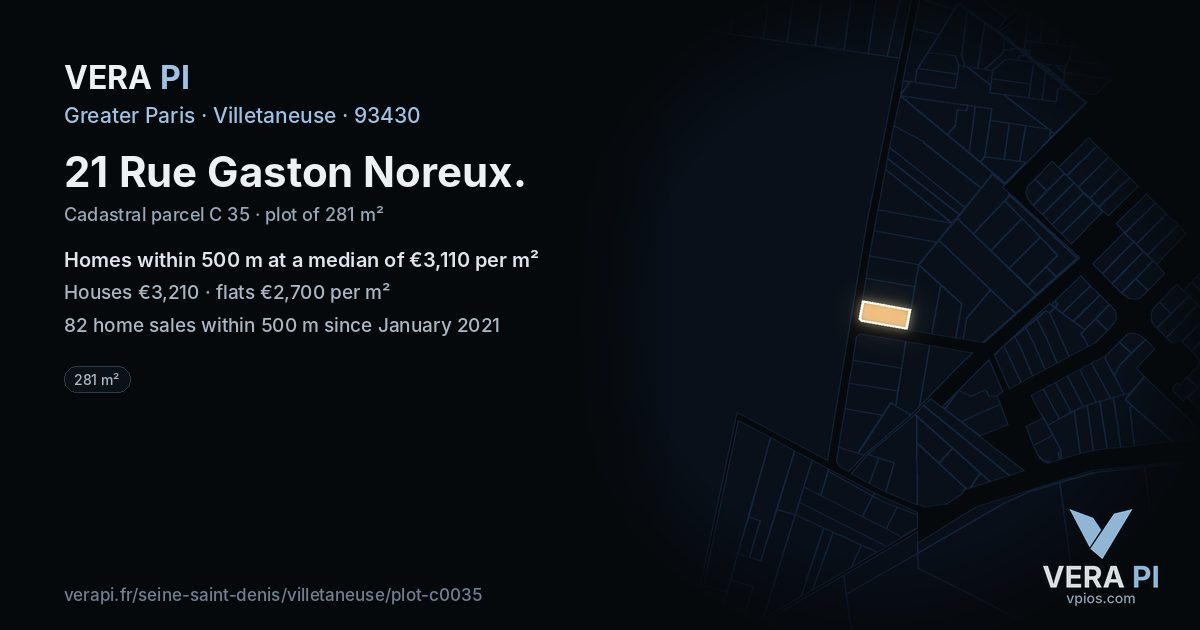 21 Rue Gaston Noreux, Villetaneuse at night – the plot lit, the parcels around coloured by the prices near them