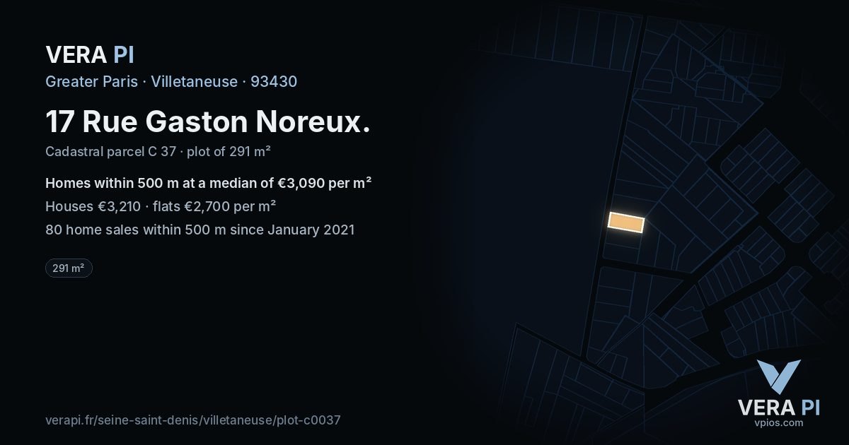 17 Rue Gaston Noreux, Villetaneuse at night – the plot lit, the parcels around coloured by the prices near them