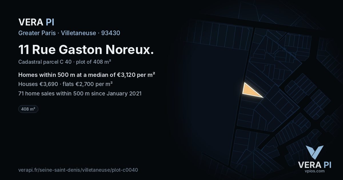 11 Rue Gaston Noreux, Villetaneuse at night – the plot lit, the parcels around coloured by the prices near them