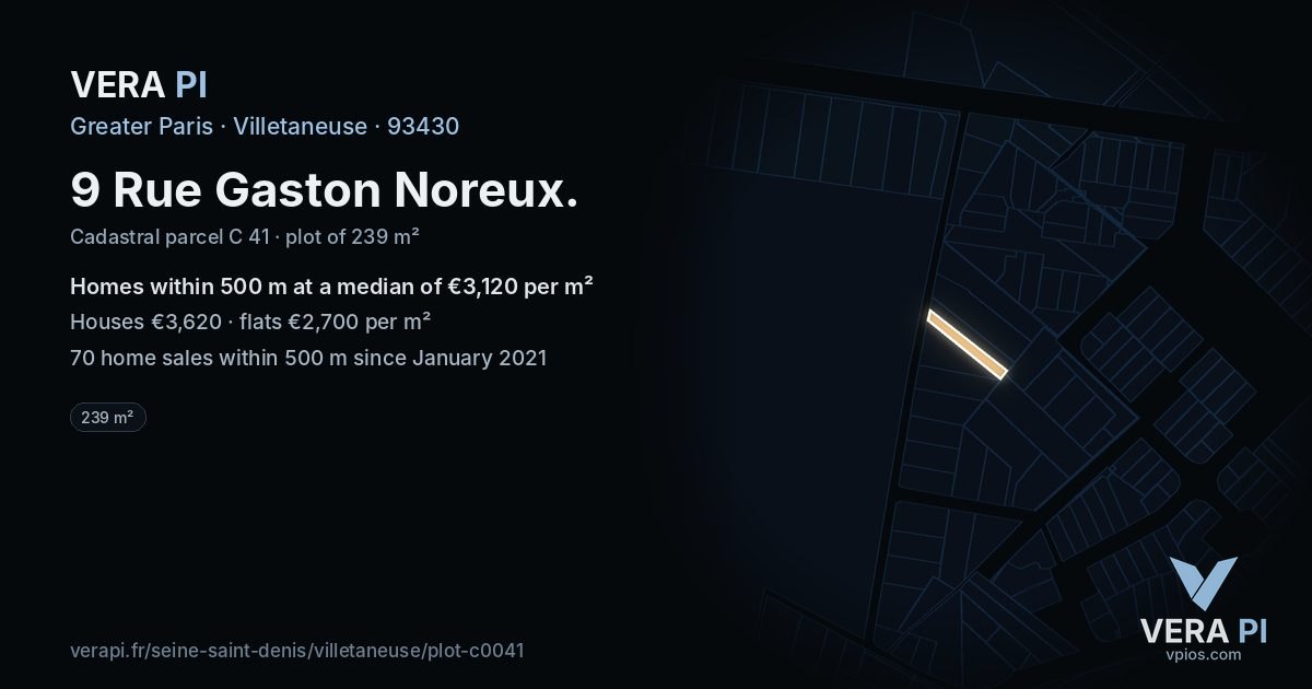 9 Rue Gaston Noreux, Villetaneuse at night – the plot lit, the parcels around coloured by the prices near them