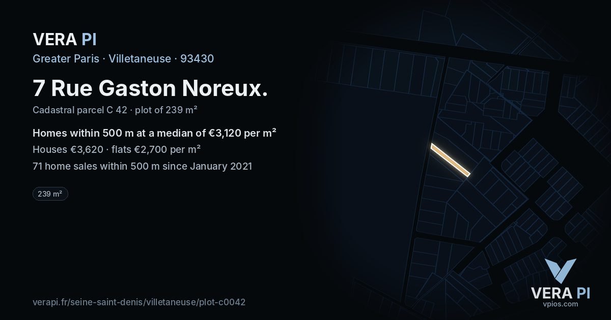 7 Rue Gaston Noreux, Villetaneuse at night – the plot lit, the parcels around coloured by the prices near them