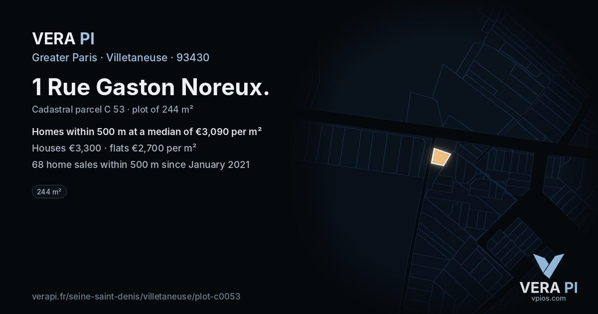 1 Rue Gaston Noreux, Villetaneuse at night – the plot lit, the parcels around coloured by the prices near them