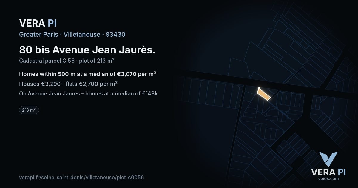 80 bis Avenue Jean Jaurès, Villetaneuse at night – the plot lit, the parcels around coloured by the prices near them