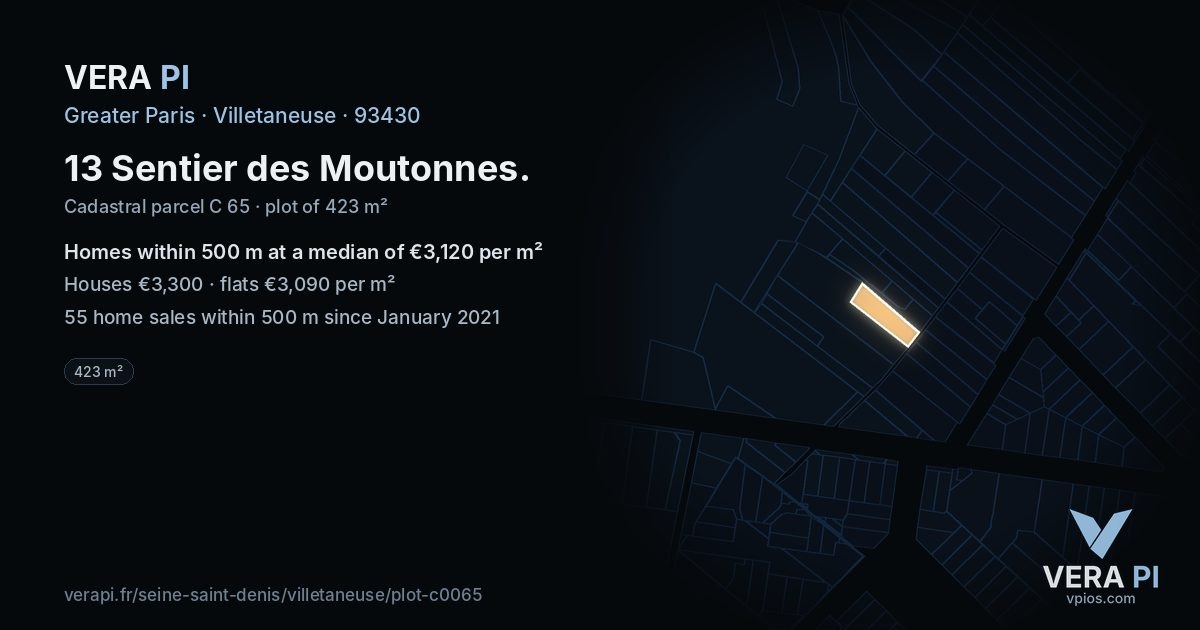 13 Sentier des Moutonnes, Villetaneuse at night – the plot lit, the parcels around coloured by the prices near them