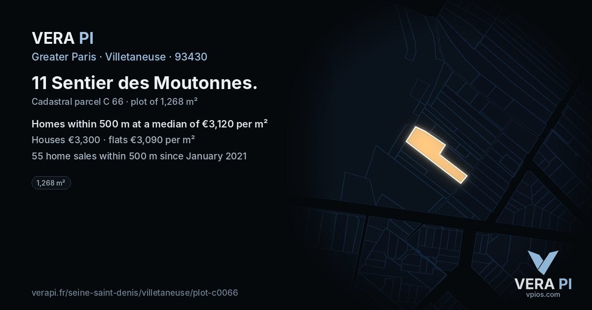 11 Sentier des Moutonnes, Villetaneuse at night – the plot lit, the parcels around coloured by the prices near them