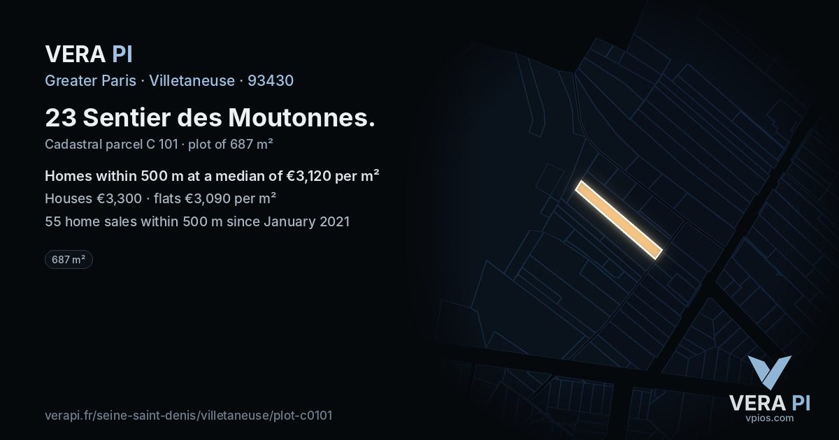 23 Sentier des Moutonnes, Villetaneuse at night – the plot lit, the parcels around coloured by the prices near them