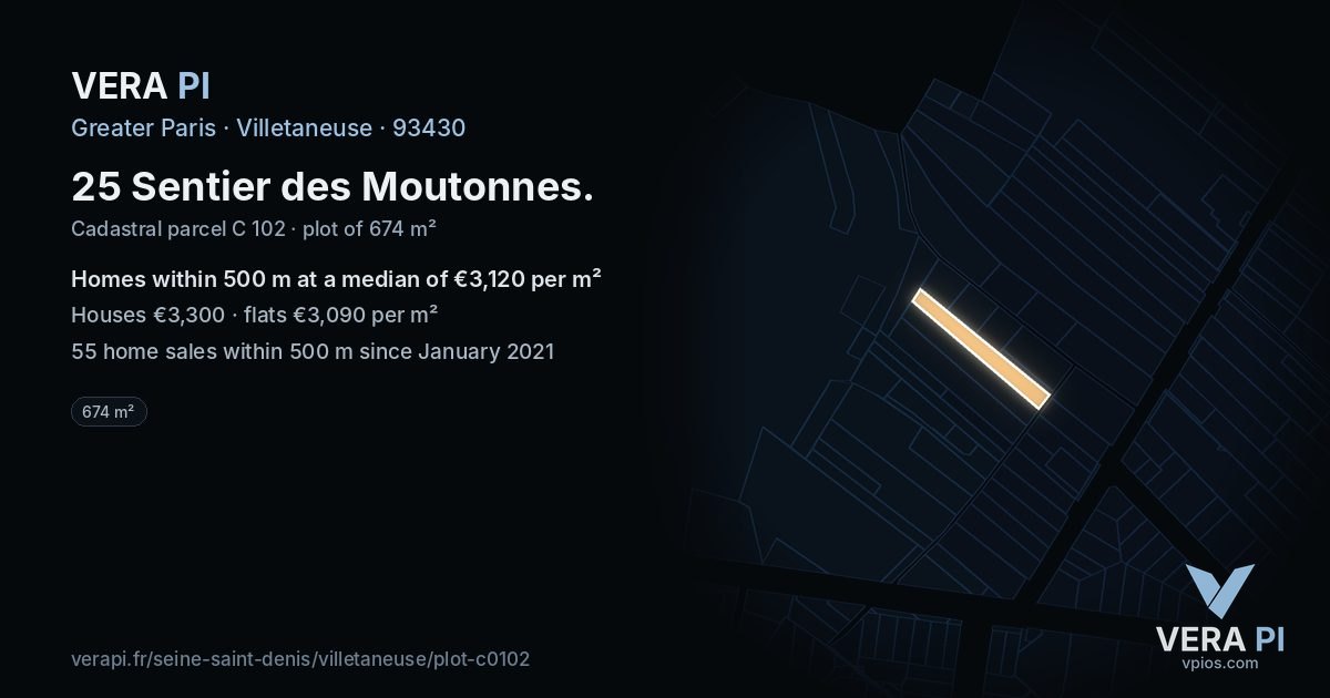 25 Sentier des Moutonnes, Villetaneuse at night – the plot lit, the parcels around coloured by the prices near them