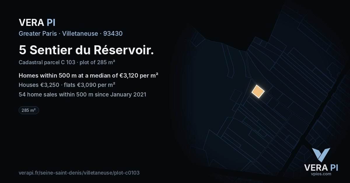 5 Sentier du Réservoir, Villetaneuse at night – the plot lit, the parcels around coloured by the prices near them