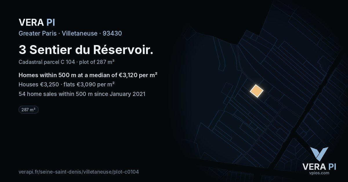 3 Sentier du Réservoir, Villetaneuse at night – the plot lit, the parcels around coloured by the prices near them
