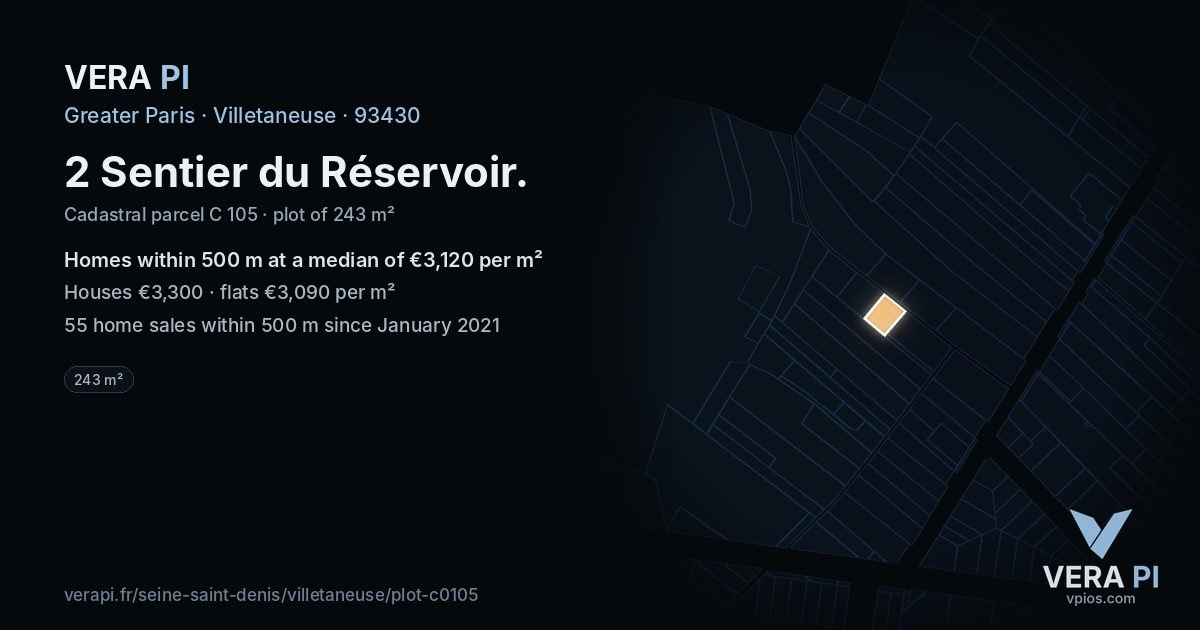 2 Sentier du Réservoir, Villetaneuse at night – the plot lit, the parcels around coloured by the prices near them