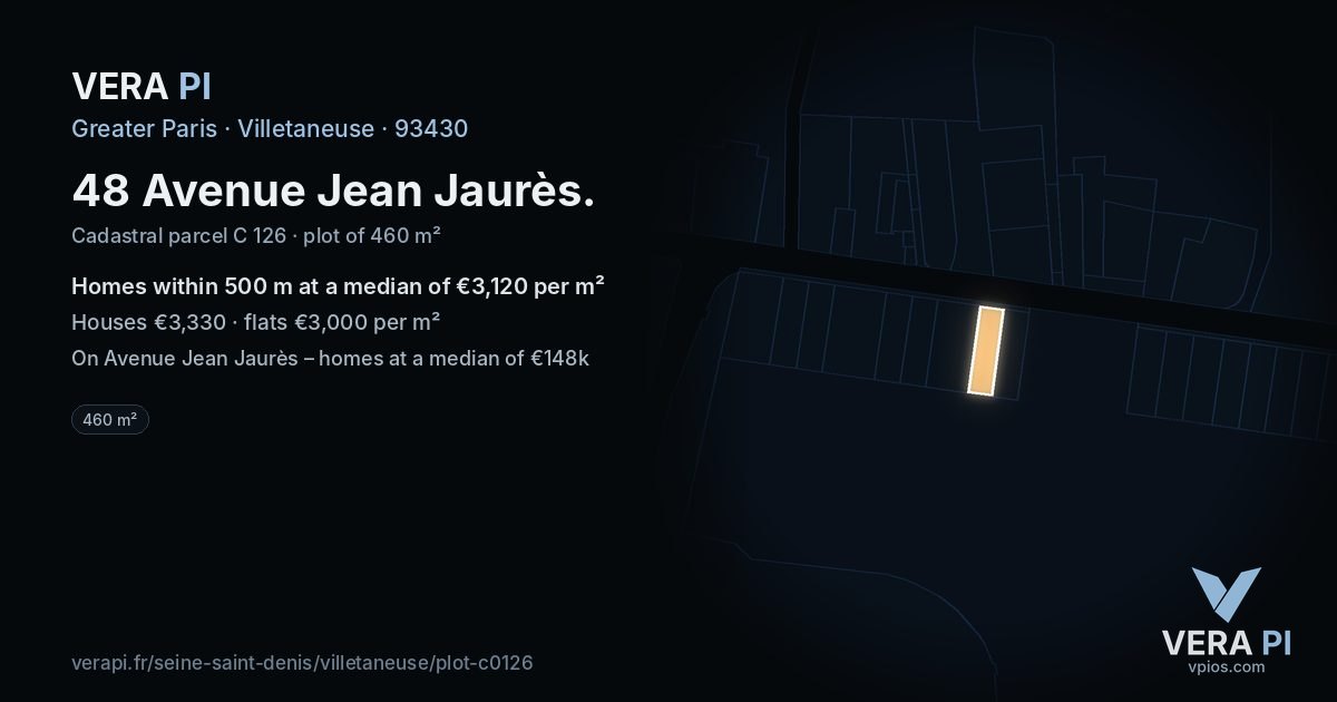 48 Avenue Jean Jaurès, Villetaneuse at night – the plot lit, the parcels around coloured by the prices near them