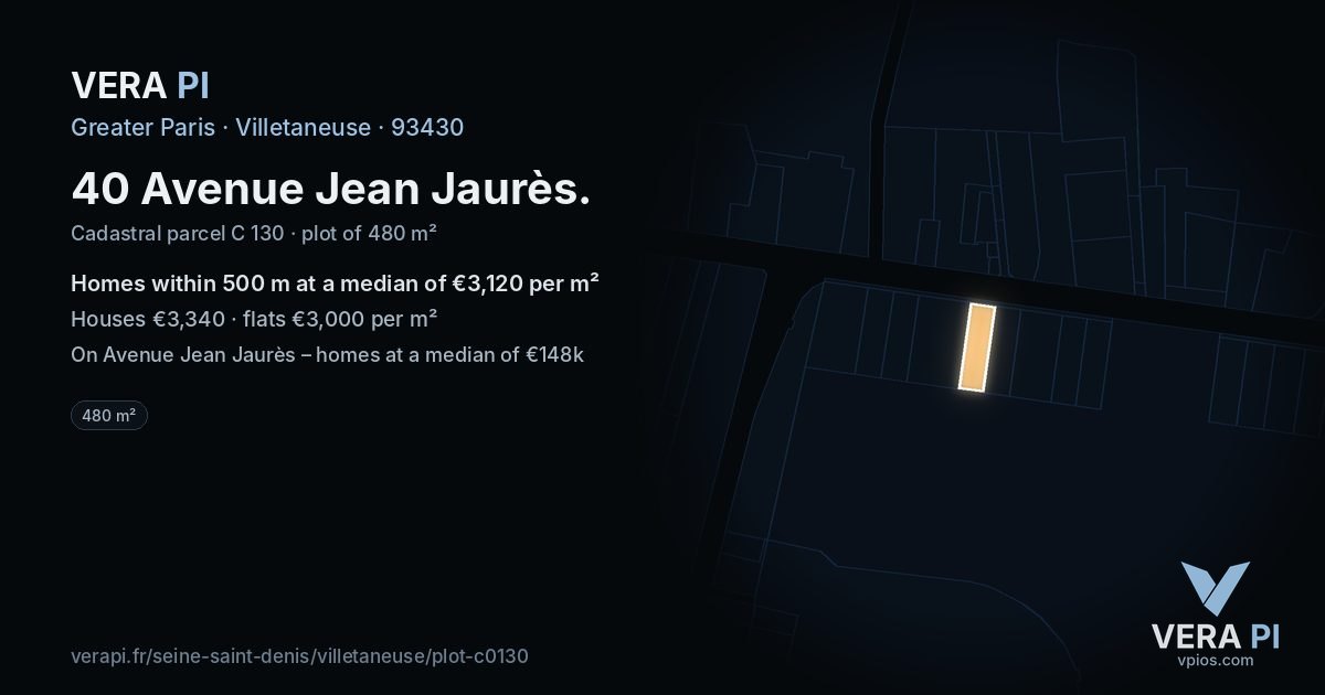 40 Avenue Jean Jaurès, Villetaneuse at night – the plot lit, the parcels around coloured by the prices near them