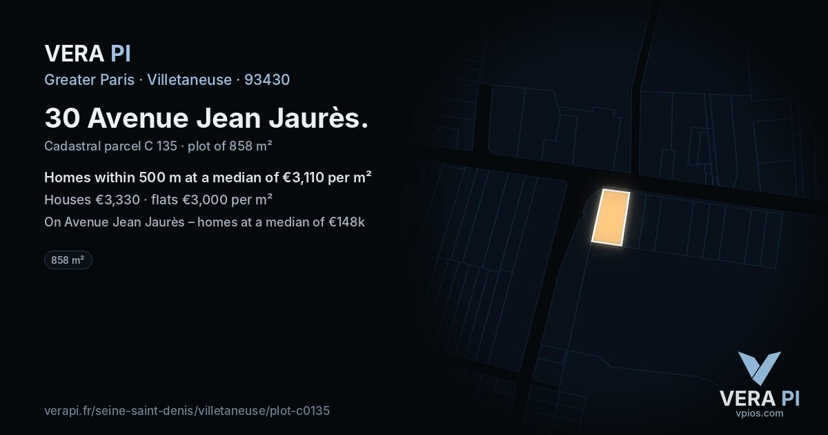 30 Avenue Jean Jaurès, Villetaneuse at night – the plot lit, the parcels around coloured by the prices near them