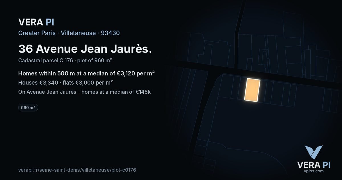 36 Avenue Jean Jaurès, Villetaneuse at night – the plot lit, the parcels around coloured by the prices near them