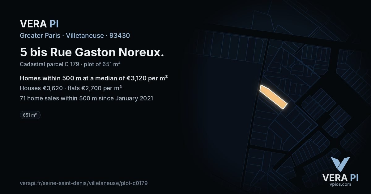 5 bis Rue Gaston Noreux, Villetaneuse at night – the plot lit, the parcels around coloured by the prices near them