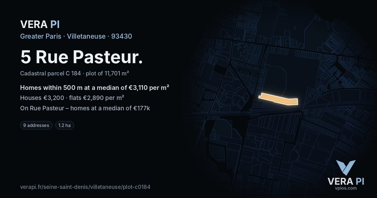 5 Rue Pasteur, Villetaneuse at night – the plot lit, the parcels around coloured by the prices near them