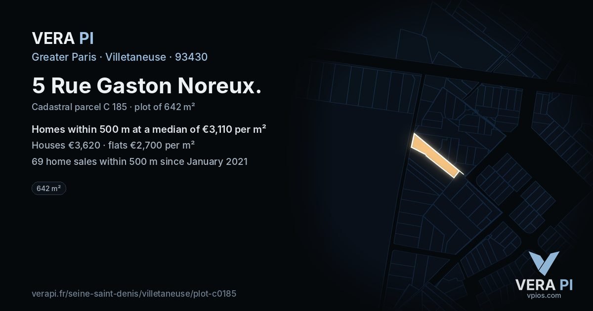 5 Rue Gaston Noreux, Villetaneuse at night – the plot lit, the parcels around coloured by the prices near them