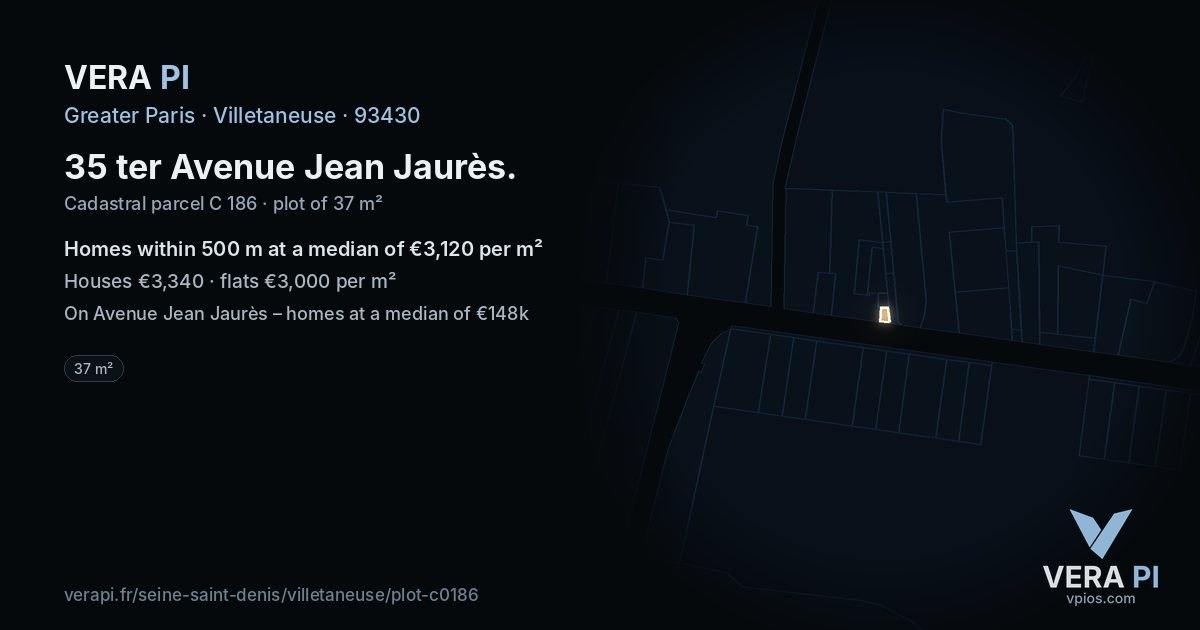 35 ter Avenue Jean Jaurès, Villetaneuse at night – the plot lit, the parcels around coloured by the prices near them