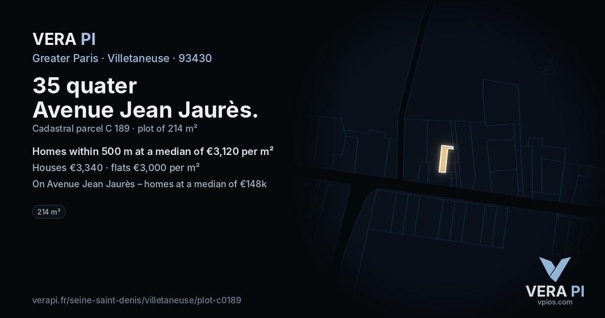 35 quater Avenue Jean Jaurès, Villetaneuse at night – the plot lit, the parcels around coloured by the prices near them