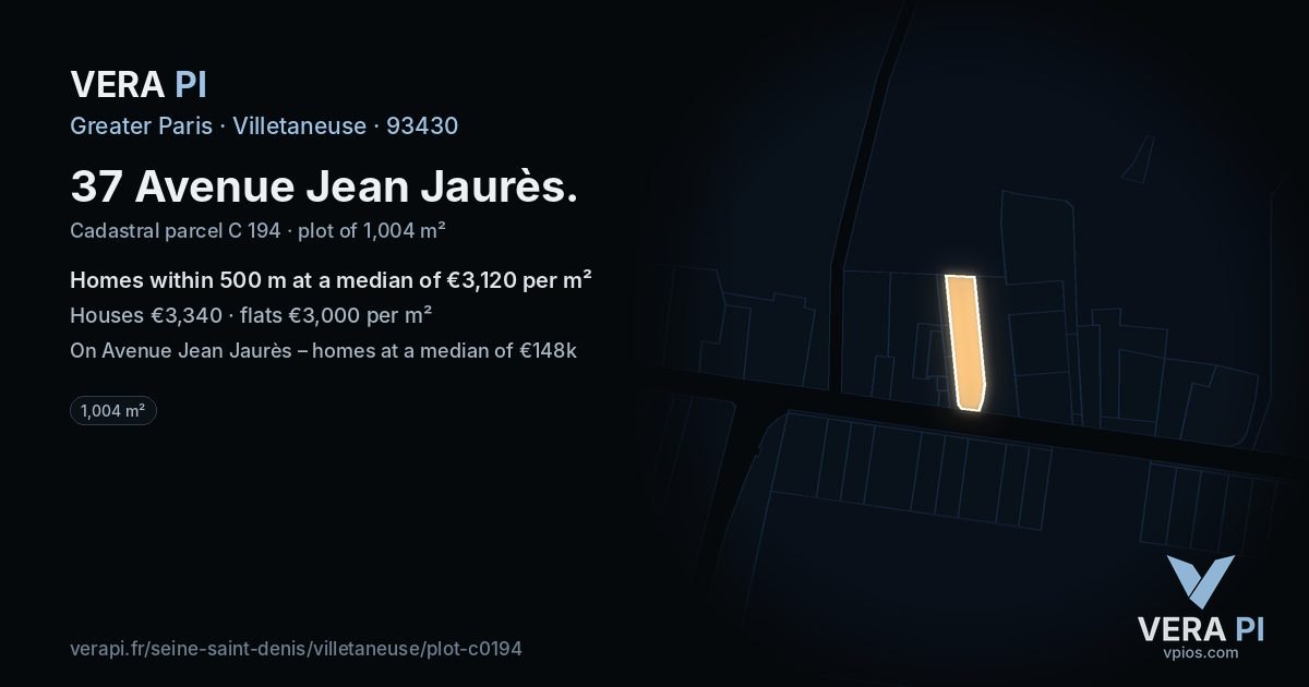 37 Avenue Jean Jaurès, Villetaneuse at night – the plot lit, the parcels around coloured by the prices near them