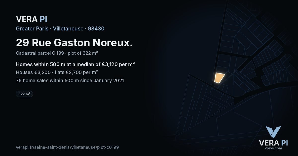 29 Rue Gaston Noreux, Villetaneuse at night – the plot lit, the parcels around coloured by the prices near them