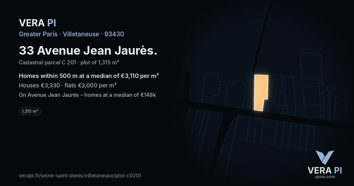 33 Avenue Jean Jaurès, Villetaneuse at night – the plot lit, the parcels around coloured by the prices near them
