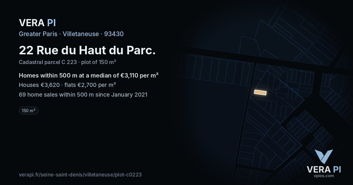 22 Rue du Haut du Parc, Villetaneuse at night – the plot lit, the parcels around coloured by the prices near them