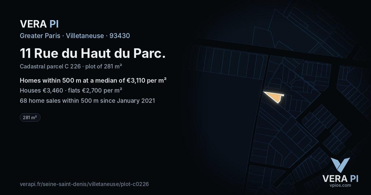 11 Rue du Haut du Parc, Villetaneuse at night – the plot lit, the parcels around coloured by the prices near them