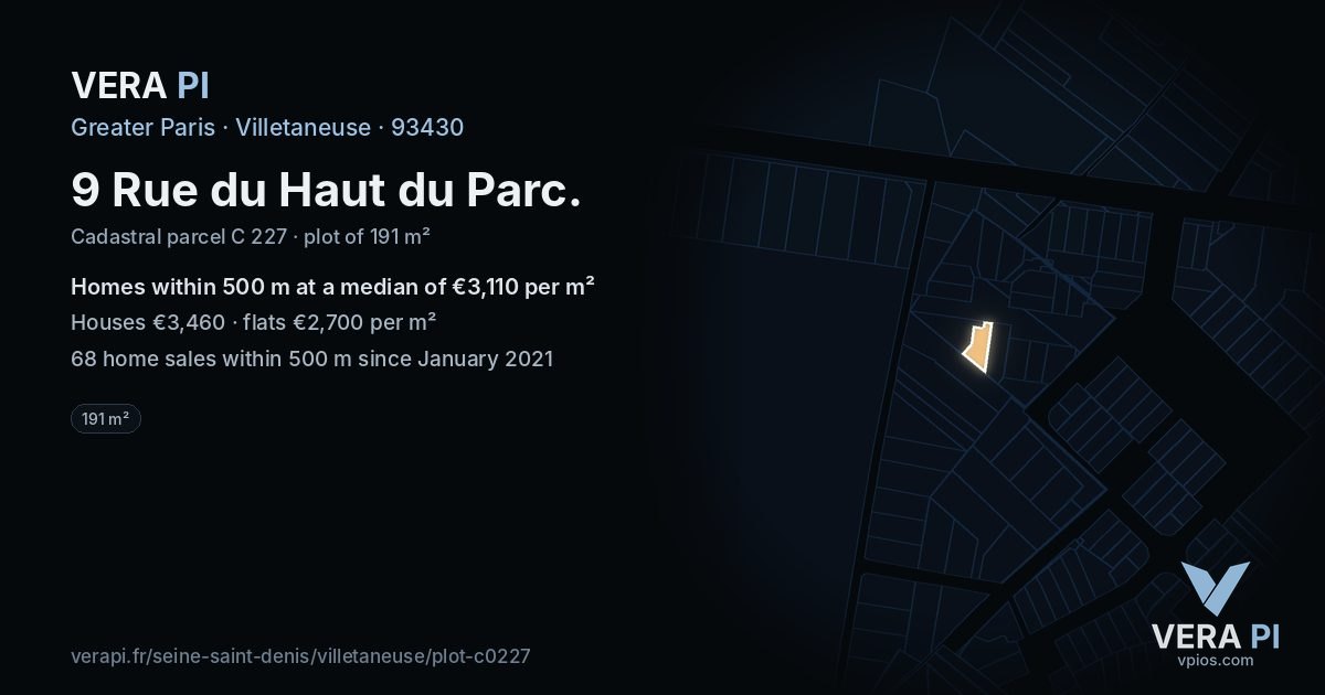 9 Rue du Haut du Parc, Villetaneuse at night – the plot lit, the parcels around coloured by the prices near them