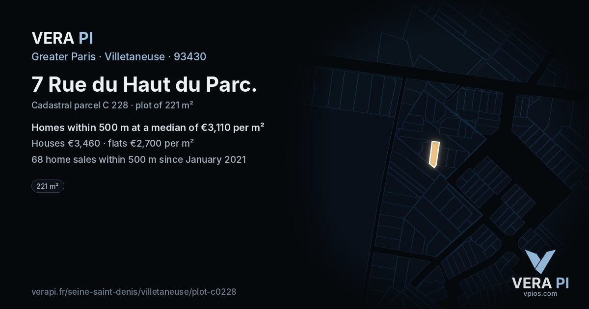 7 Rue du Haut du Parc, Villetaneuse at night – the plot lit, the parcels around coloured by the prices near them