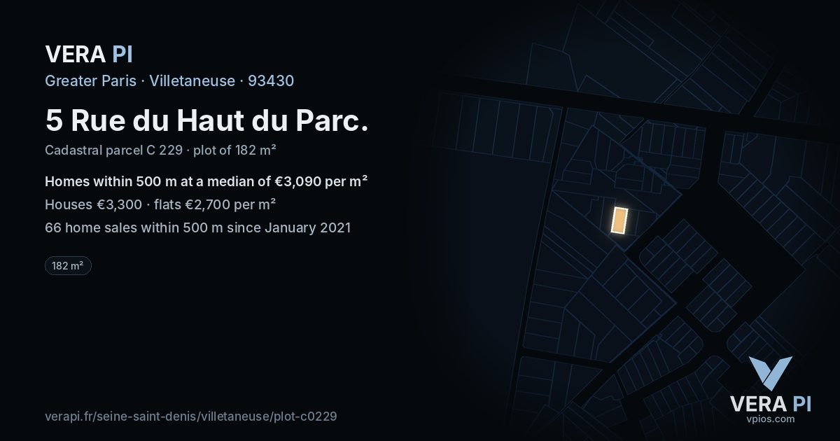 5 Rue du Haut du Parc, Villetaneuse at night – the plot lit, the parcels around coloured by the prices near them