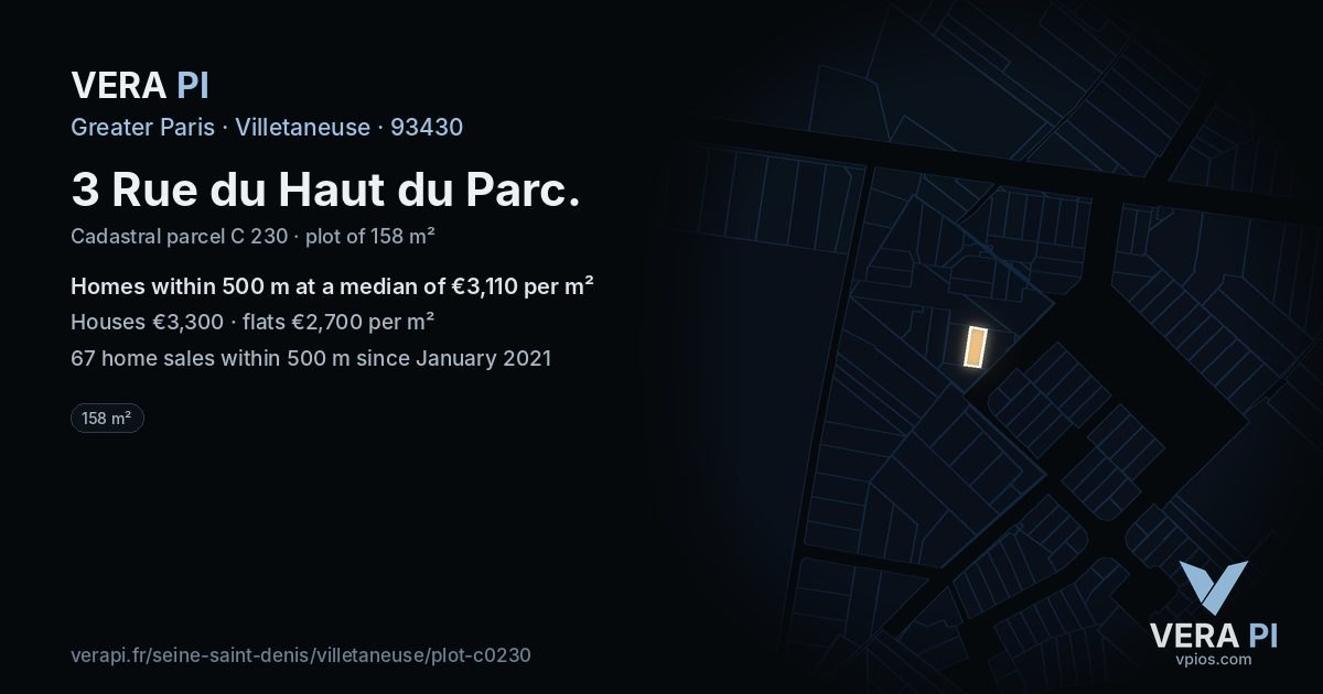 3 Rue du Haut du Parc, Villetaneuse at night – the plot lit, the parcels around coloured by the prices near them