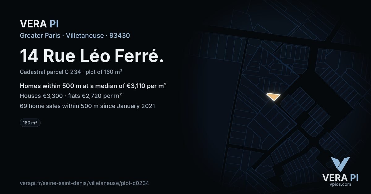 14 Rue Léo Ferré, Villetaneuse at night – the plot lit, the parcels around coloured by the prices near them