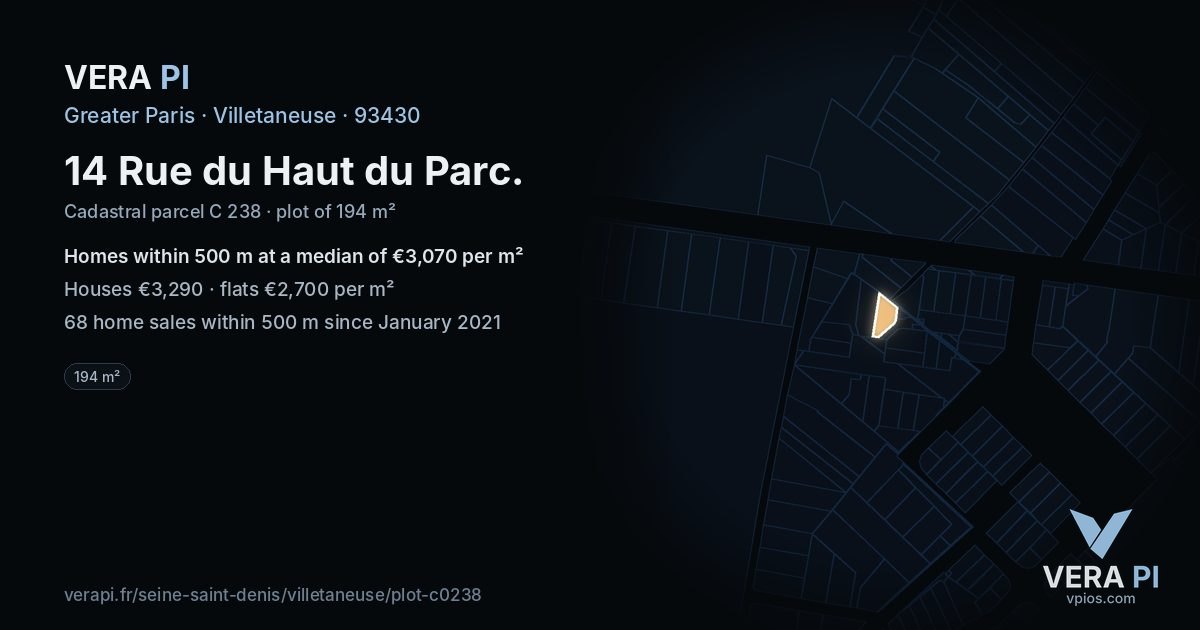 14 Rue du Haut du Parc, Villetaneuse at night – the plot lit, the parcels around coloured by the prices near them