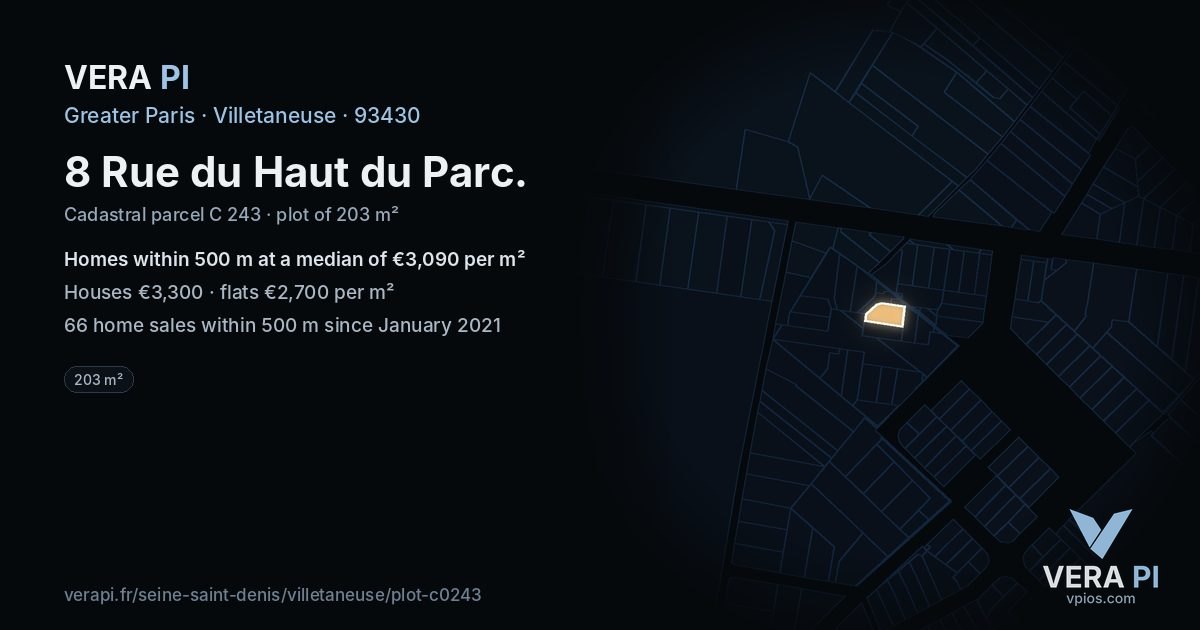 8 Rue du Haut du Parc, Villetaneuse at night – the plot lit, the parcels around coloured by the prices near them