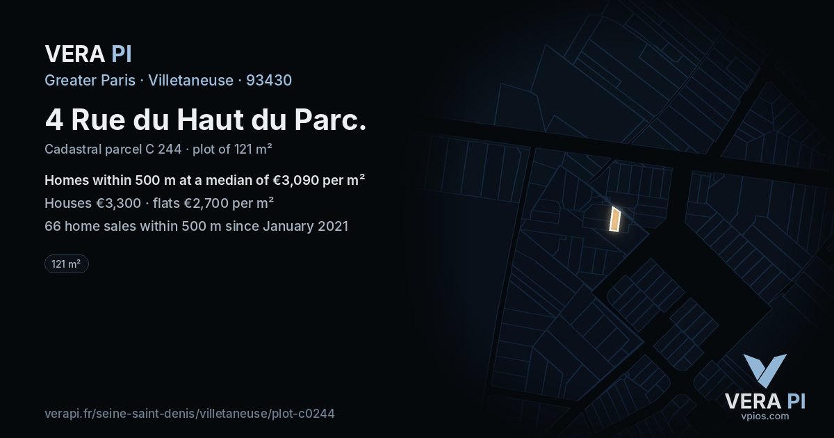 4 Rue du Haut du Parc, Villetaneuse at night – the plot lit, the parcels around coloured by the prices near them