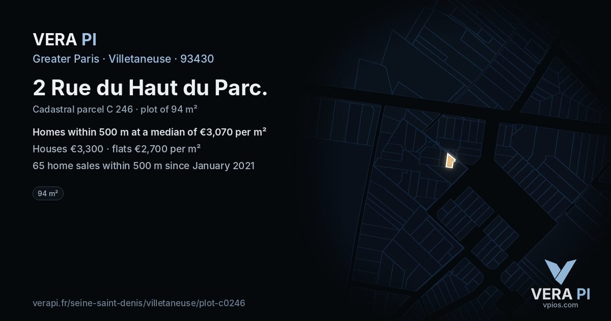 2 Rue du Haut du Parc, Villetaneuse at night – the plot lit, the parcels around coloured by the prices near them