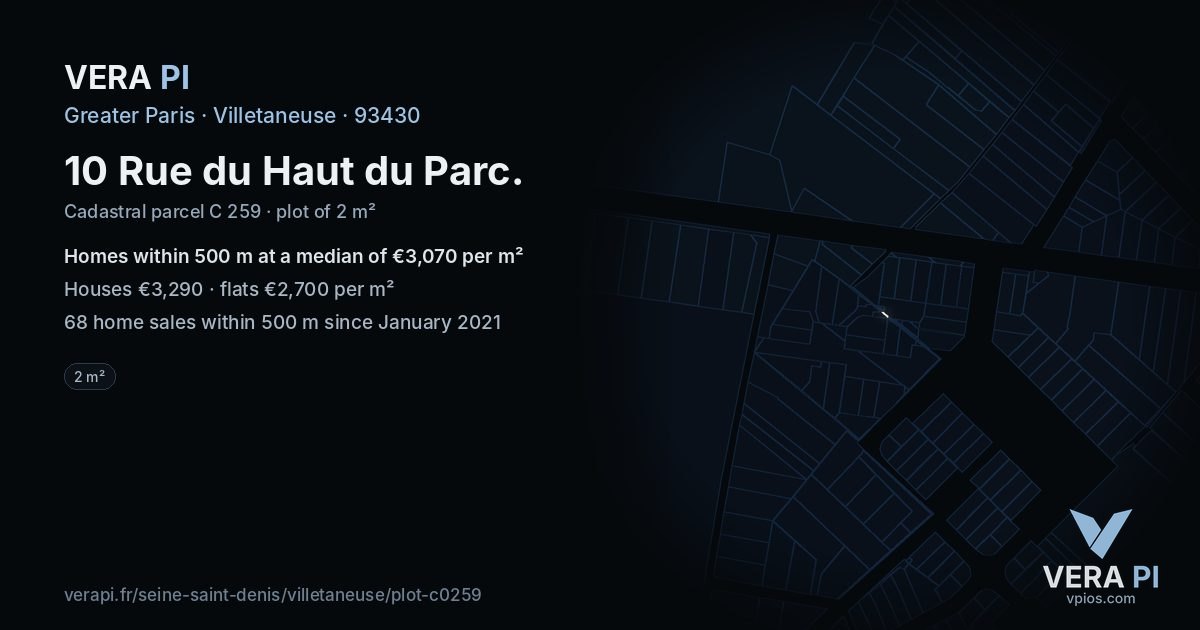 10 Rue du Haut du Parc, Villetaneuse at night – the plot lit, the parcels around coloured by the prices near them
