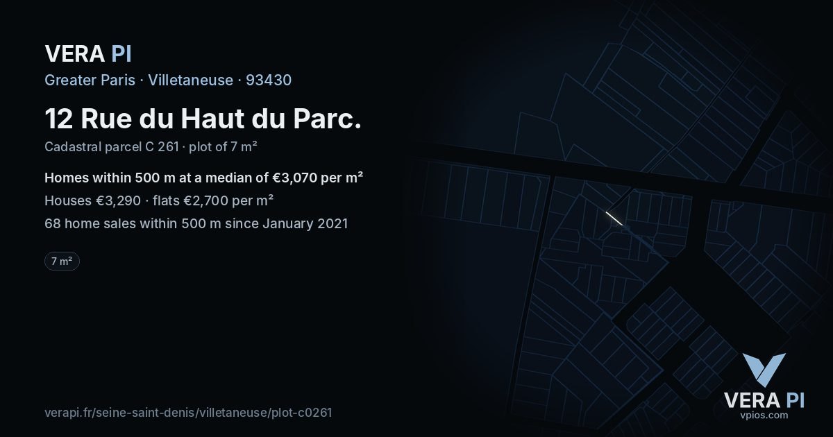 12 Rue du Haut du Parc, Villetaneuse at night – the plot lit, the parcels around coloured by the prices near them