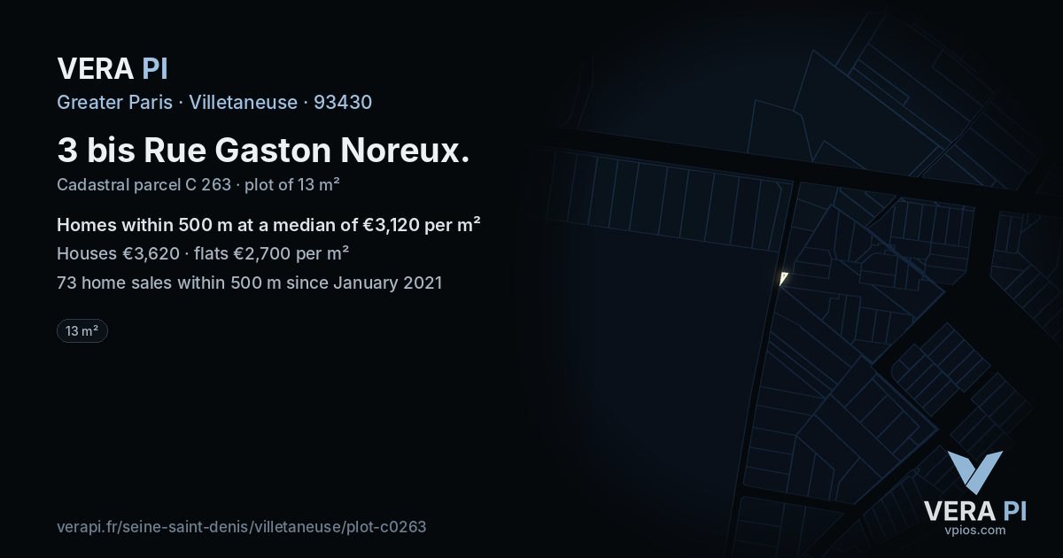 3 bis Rue Gaston Noreux, Villetaneuse at night – the plot lit, the parcels around coloured by the prices near them