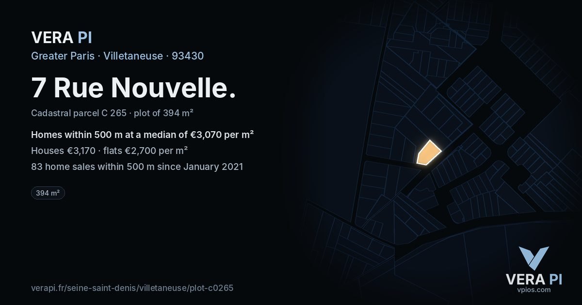 7 Rue Nouvelle, Villetaneuse at night – the plot lit, the parcels around coloured by the prices near them