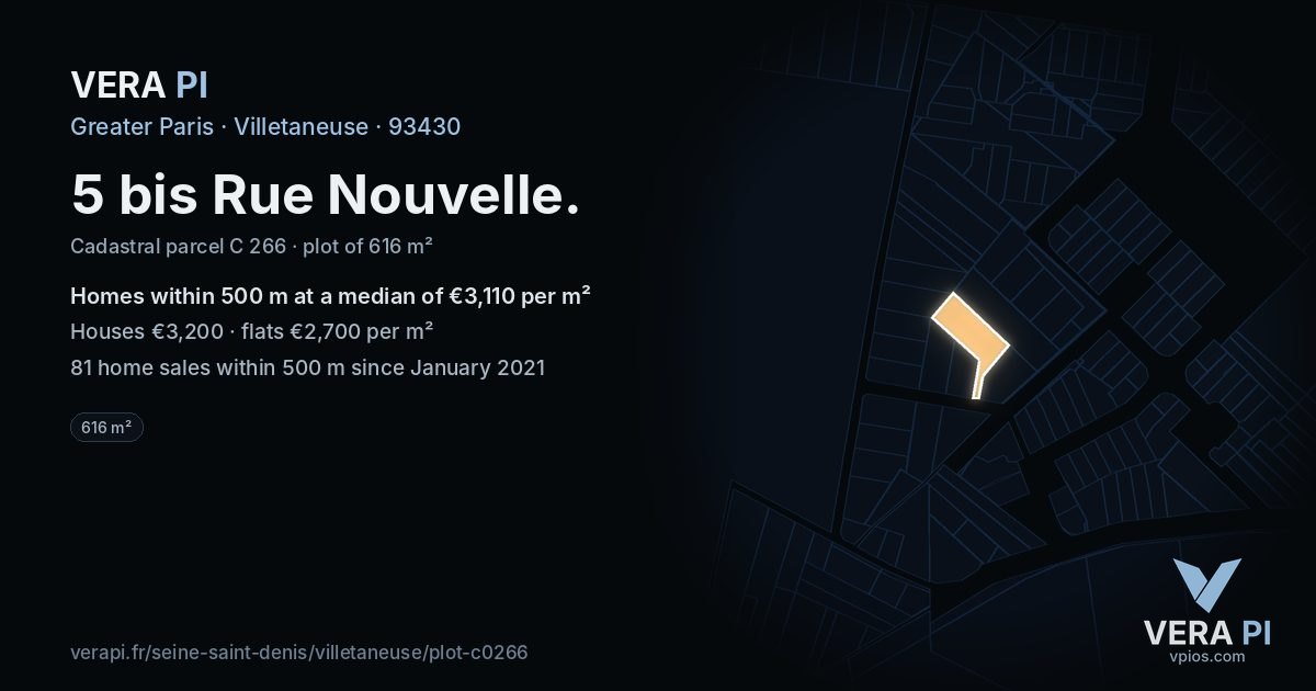 5 bis Rue Nouvelle, Villetaneuse at night – the plot lit, the parcels around coloured by the prices near them
